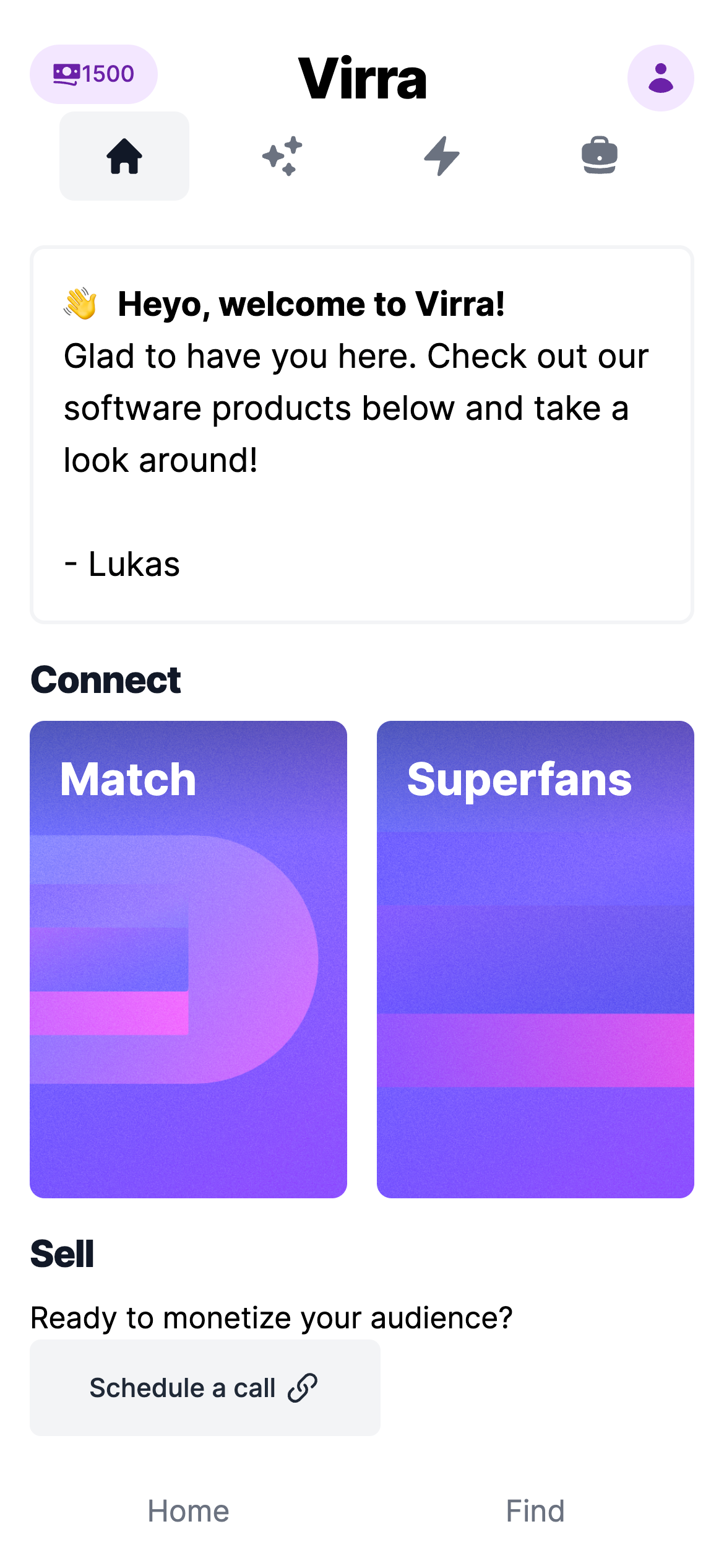 Virra App Dashboard Home mobile
